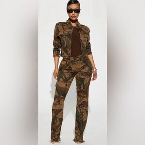 FASHION NOVA The Wild Camo Trucker Jacket and Stretch Cargo Jeans- Camouflage